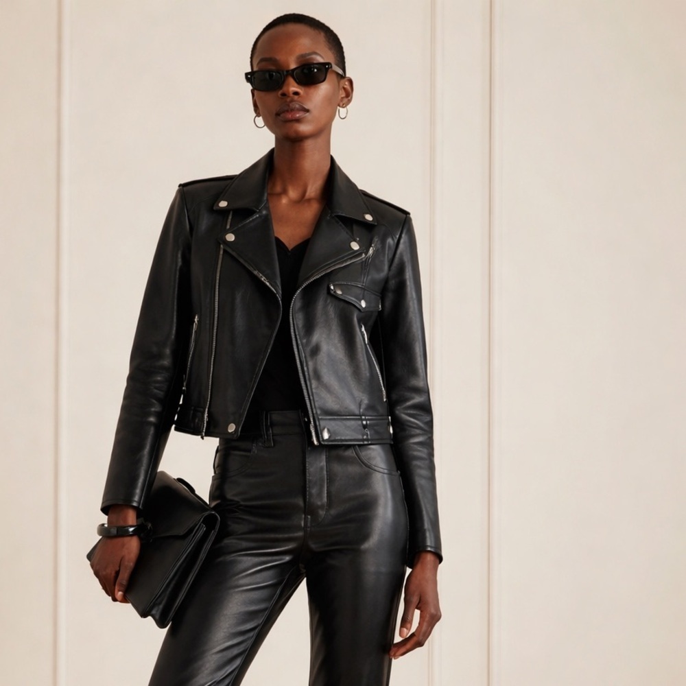 GANNI 100% Leather Moto Biker Jacket Black Size Small